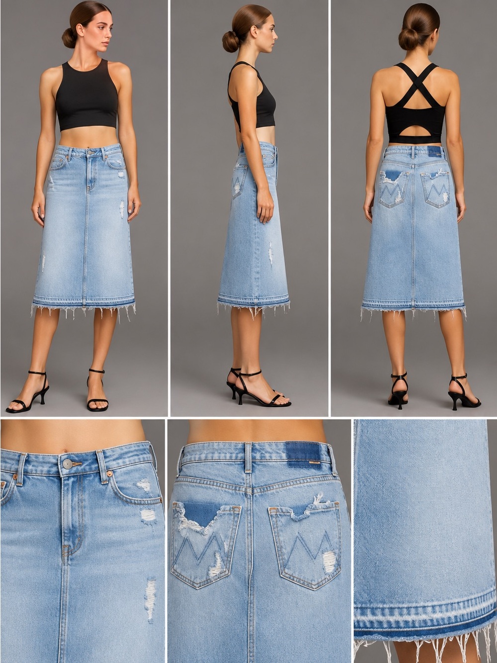 MOTHER SUPERIOR Vagabond Midi Undone Hem Denim Skirt Vacation Temptation Size 28